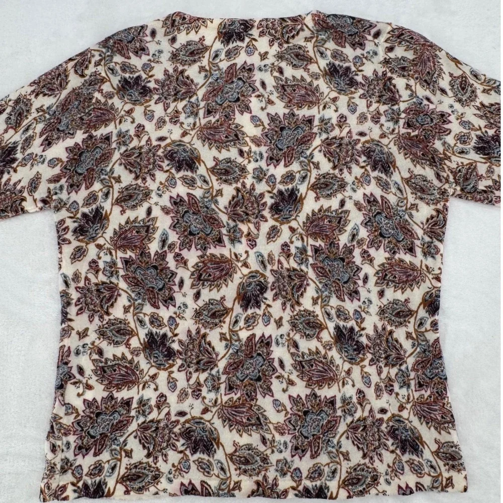 Garnet Hill 100% Merino Wool Paisley Floral Cream Cardigan Sweater Woman's Small